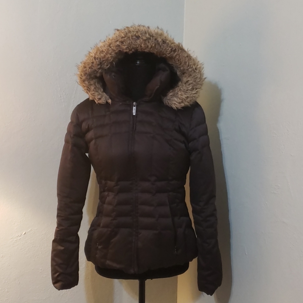 Calvin Klein Brown Puffer Jacket with Fur Hood size XS womens
